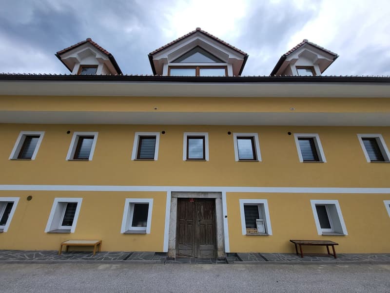 Main entrance with a wooden door and house number 1
